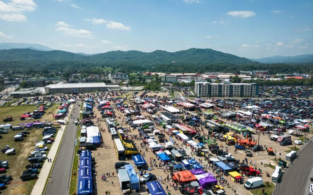 Great Smoky Mountain Jeep Club Invasion 2025 view of the Great Smoky Mountain Jeep Club Invasion rows of acres of rvs and tents set up