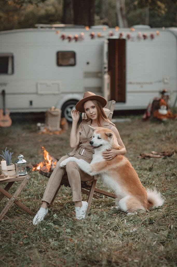 woman, dog, animal, camping, trailer, outdoors, picnic, caucasian, camping, camping, camping, camping, pet, camping